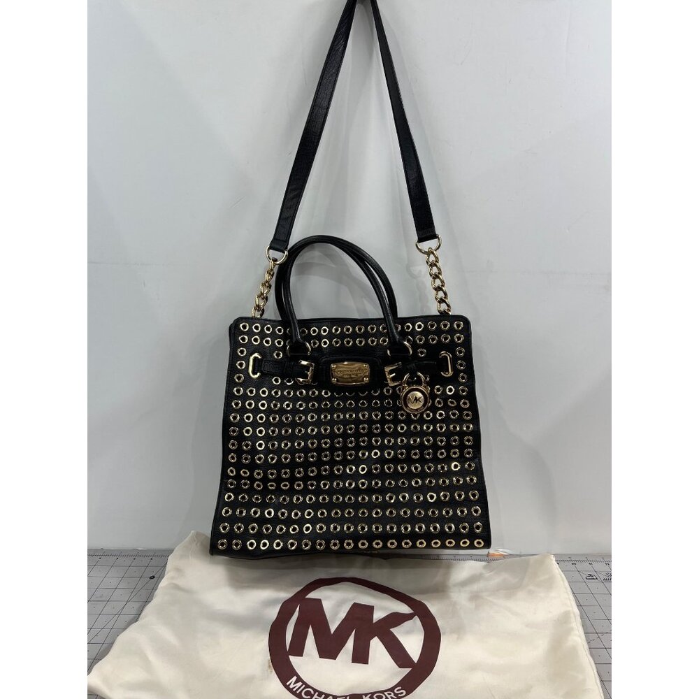 Michael Kors Black Gold Grommet Leather Hamilton Tote Handbag Shoulder Strap